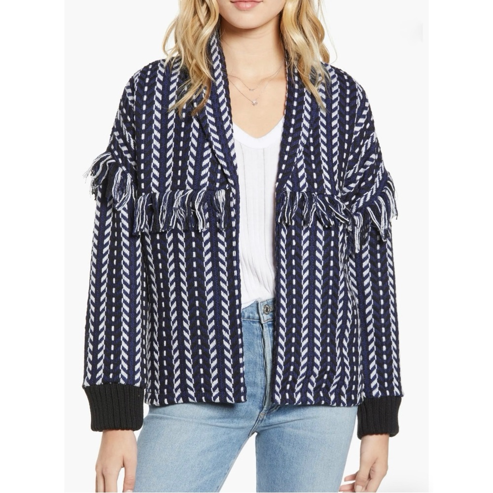 Cupcakes & Cashmere Angie Kristy Fringe Tweed Bomber Jacket Cardigan Size Small
